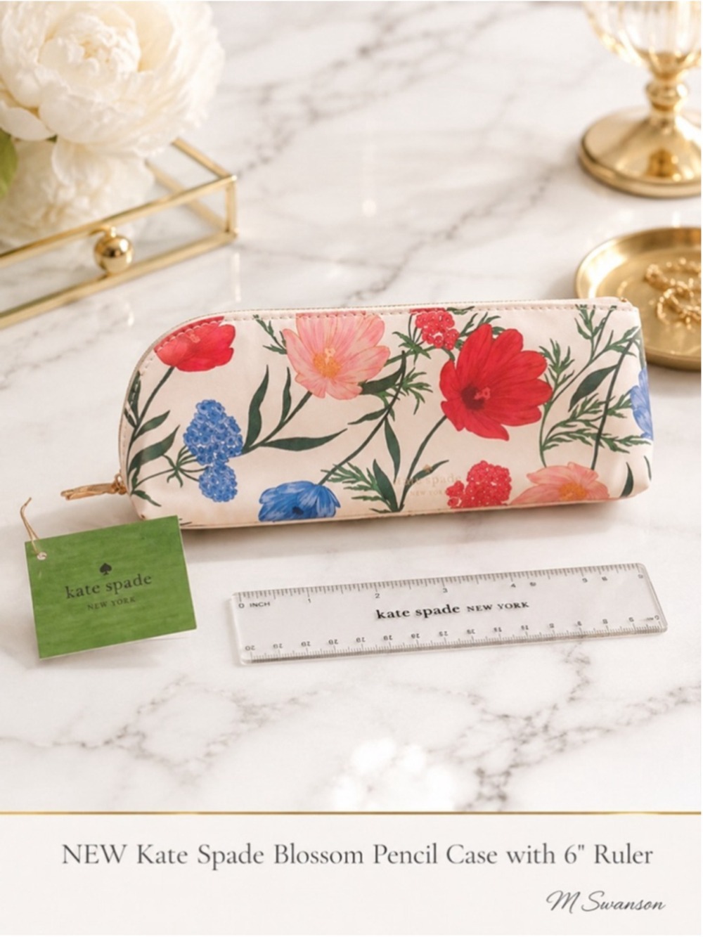 NEW Kate Spade New York Blossom Pencil Case with 6” Ruler NWT